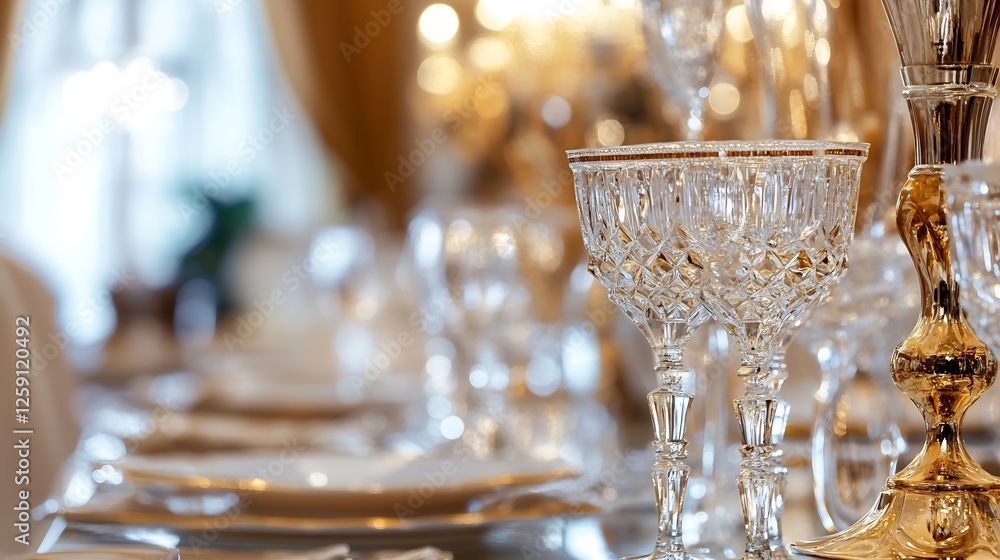 Poster elegant dining table setup with shiny glassware and tasteful decorations for a luxurious event or ce
