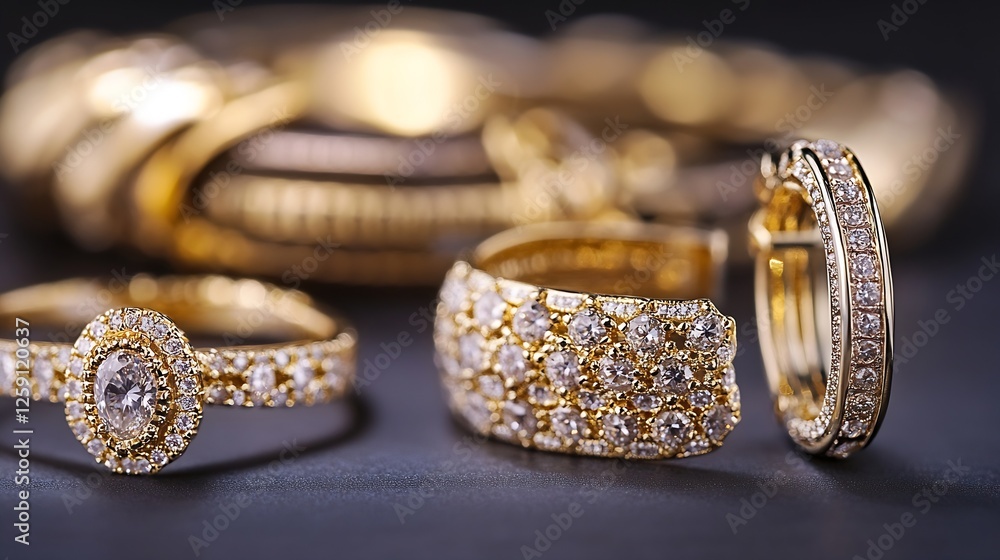 Poster luxurious gold rings and bracelets with sparkling diamonds on dark background : generative ai