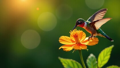 Fototapeta premium Hummingbirds sipping nectar from orange flowers, nature, hummingbirds, bird species
