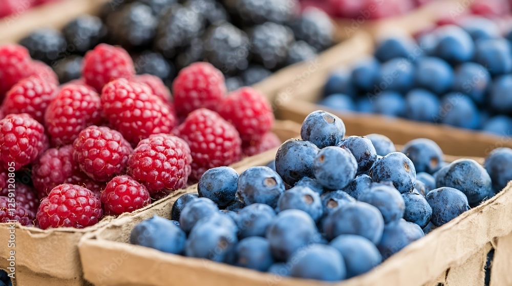 Poster fresh assorted berries including raspberries and blueberries in rustic baskets : generative ai