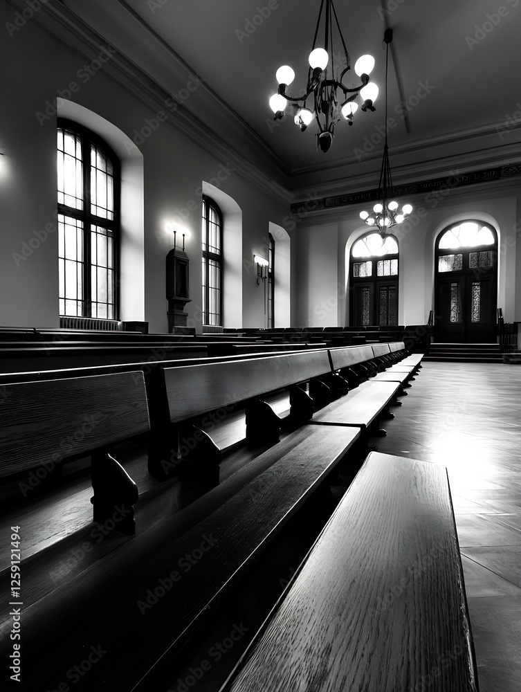 Aufkleber Elegant Black and White Image of a Spacious Interior with Rows of Wooden Benches and Classic Architecture : Generative AI