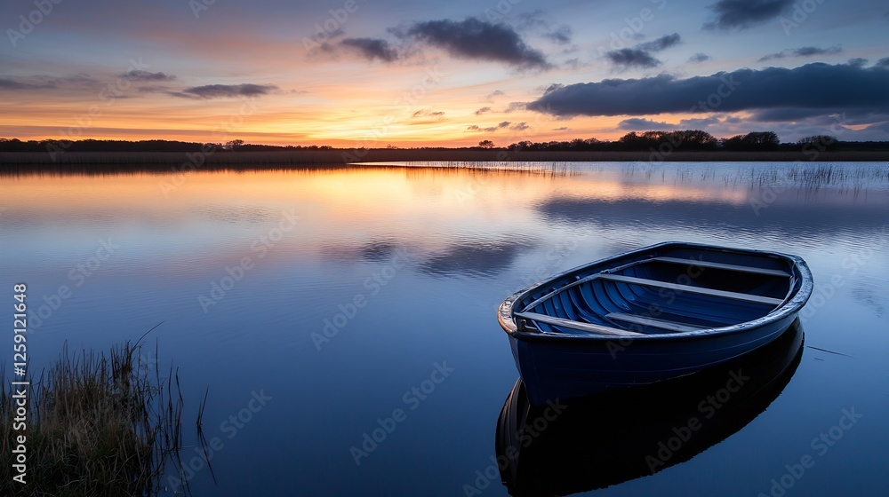 Poster Serene Sunset Reflected in Still Water with a Boat Creating Calm Atmosphere : Generative AI