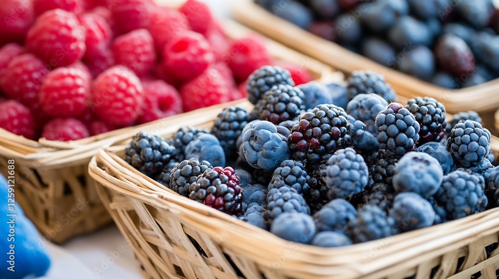 Aufkleber assorted fresh berries in woven baskets on display : generative ai