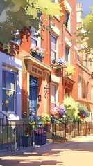 Fototapeta premium London street with brick terrace houses and flowers, phone wallpaper