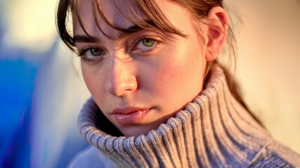  A close-up shot of a young woman with green eyes and bangs wearing a turtleneck sweater