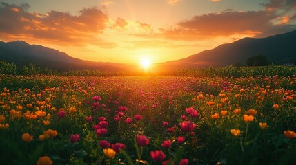 Sunset Over Colorful Wildflower Field And Mountains