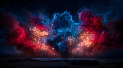 Fototapeta premium Colorful Fireworks Display Against Dark Clouds At Night