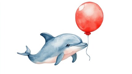Dolphin, balloon, ocean, cute, watercolor, card