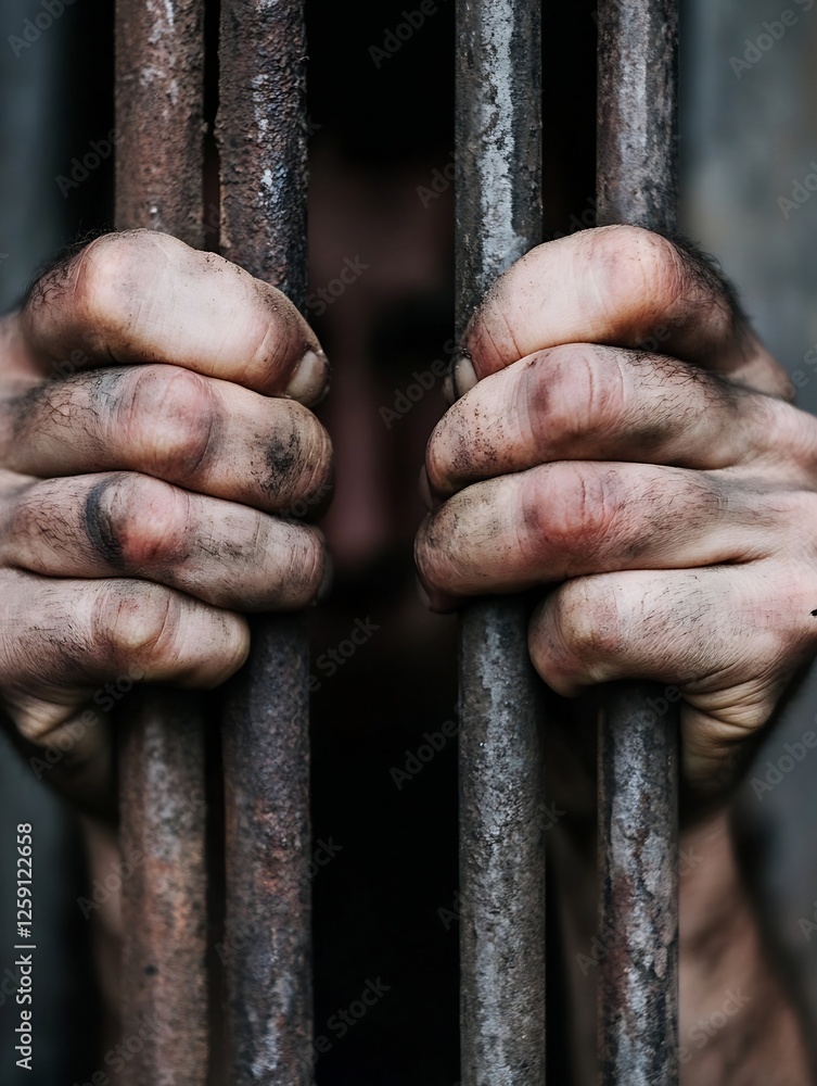 Wall mural Hands Grasping Rusty Bars in a Dark Prison Cell Evoking Despair : Generative AI