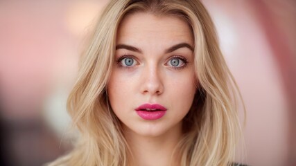 Fototapeta premium a young woman with blonde hair and blue eyes. She has her eyes open wide