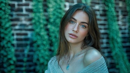 A young woman with sun-kissed skin and light blue eyes. She has long, dark brown hair and is wearing a beige sweater