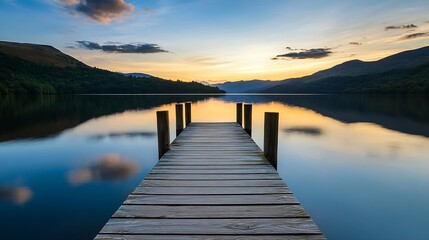 Fototapeta premium Picturesque wooden dock extending into a serene lake surrounded by mountains at sunset : Generative AI