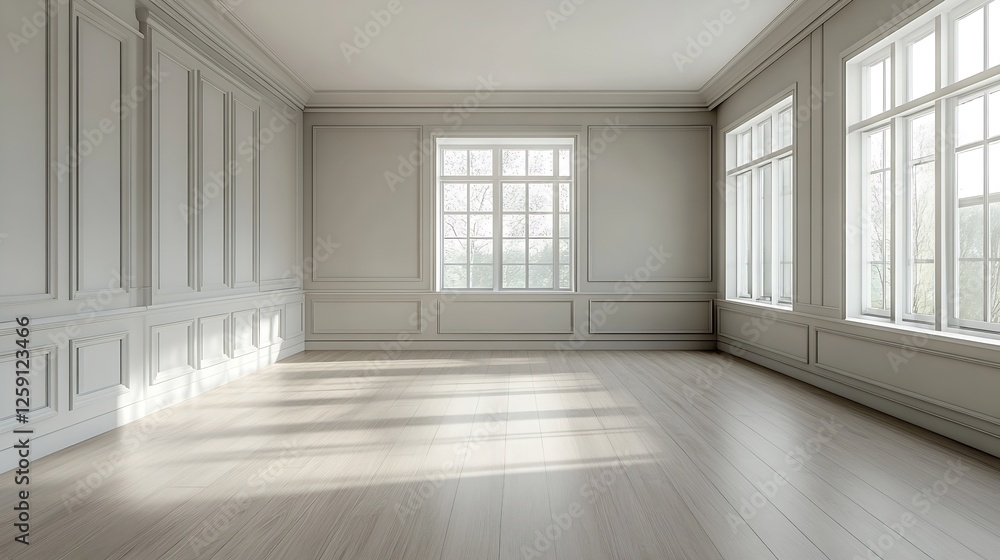 Poster spacious empty room with bright natural light and large windows : generative ai