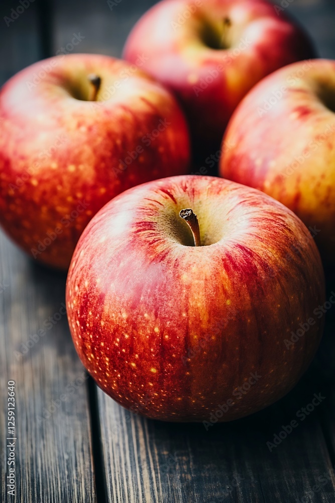 Poster fresh red apples piled together on rustic wooden table : generative ai