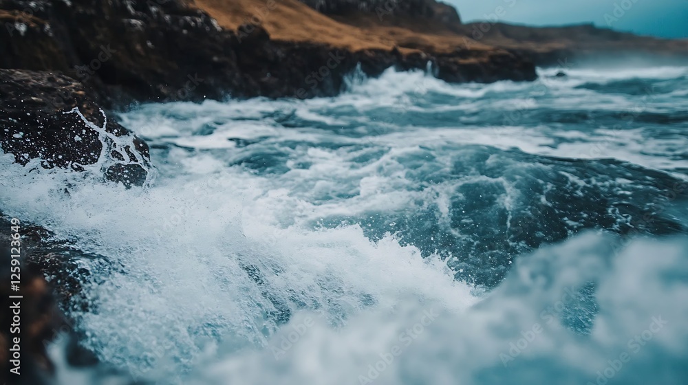 Aufkleber Captivating Waves Crashing on Rocky Shoreline Creating Dynamic Ocean Scene : Generative AI