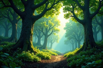 Lush forest with trees and wildlife in the distance, trees, wildlife