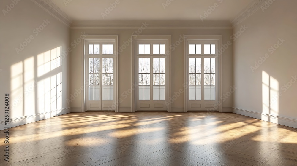 Fototapete Bright and Airy Empty Room with Natural Light Streaming Through Large Windows : Generative AI