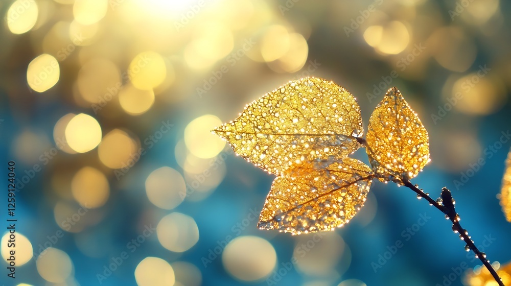 Poster close up of dewy leaves glowing in soft natural light with bokeh background : generative ai