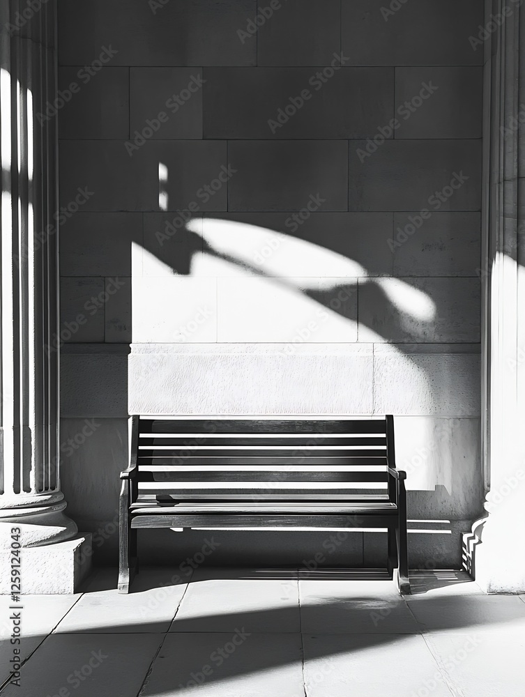 Poster minimalist black and white bench in a shadowy corner with artistic light and architecture : generati
