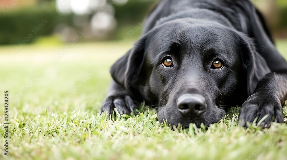 Poster Calm Black Labrador Lying on Grass with Thoughtful Expression in Natural Outdoor Setting : Generative AI