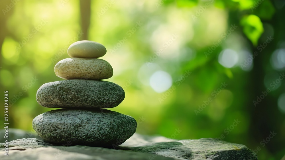 Poster stacked stones symbolizing harmony and balance in a serene natural environment with soft lighting : 