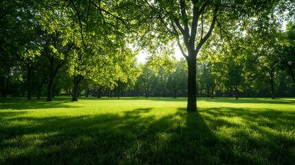 Fototapeta premium Sunlit Green Forest Landscape with Lush Grass and Trees