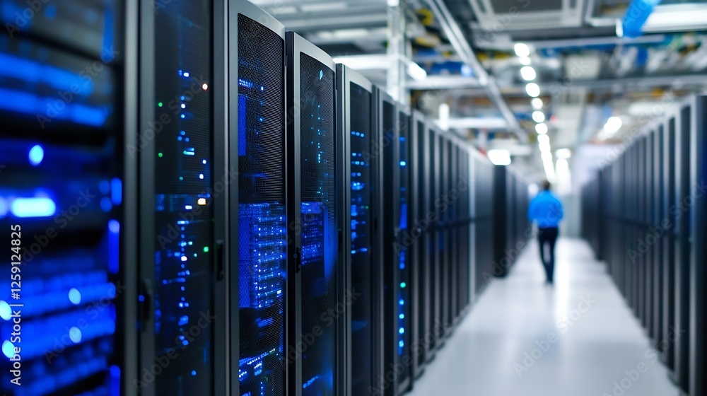 Leinwandbilder modern data center with rows of servers under blue led lights in high-tech environment : generative 