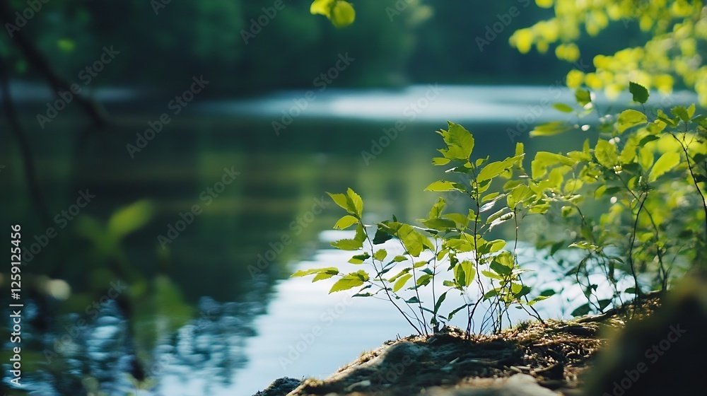 Poster serene riverbank scene with lush greenery reflecting on calm water : generative ai