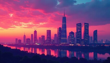 Fototapeta premium Minimalist cityscape at dusk with skyscrapers and abstract patterns, abstract, minimalist, urban