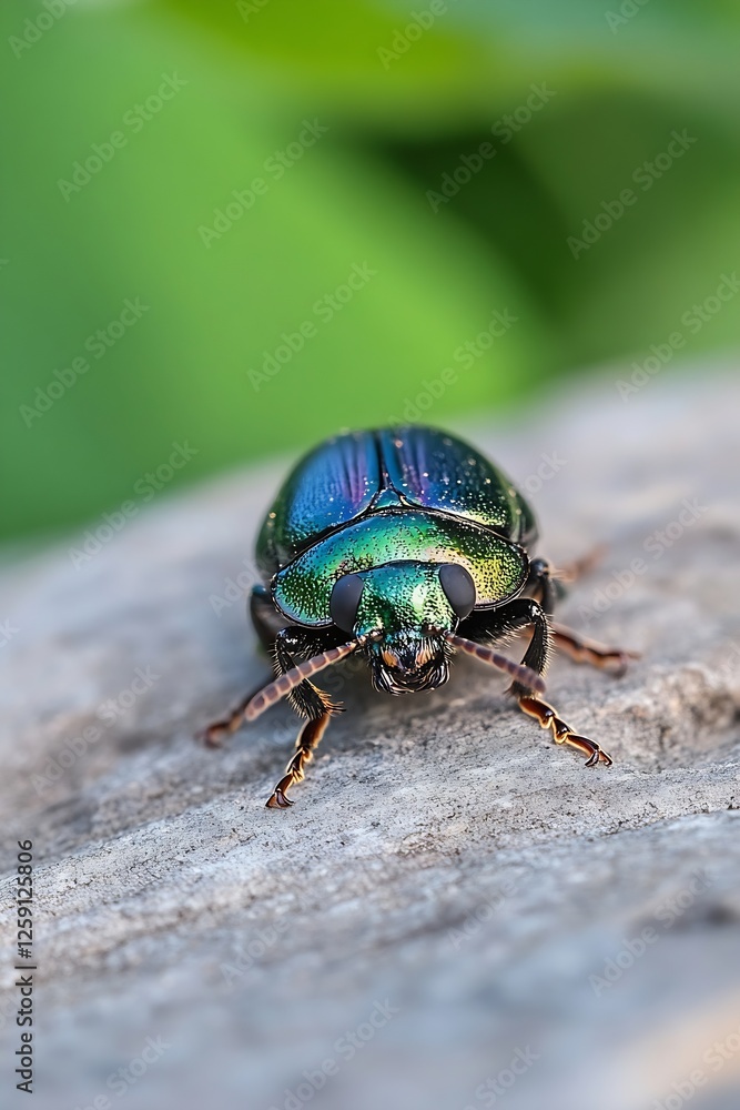 Poster close up of a colorful green beetle sitting on a rock in nature : generative ai