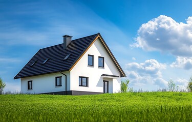 Obraz premium A modern two-story family house with white walls and a black roof, featuring an exterior view from the front of the building on green grass near the road 