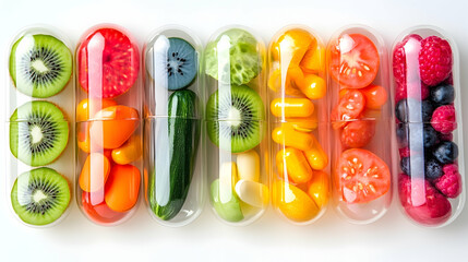 Natural Medicine Concept with Fresh Fruits and Vegetables in Clear Pill Capsules, Healthcare Photography Layout