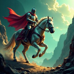 Fototapeta premium Knight's mighty steed charges into dragon's lair , beast, dragon, battle
