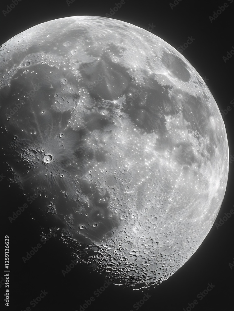 Poster detailed black and white close up of the moon surface showcasing craters and texture : generative ai