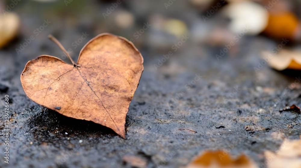 Aufkleber A heart-shaped dried leaf lying on a wet surface amidst fallen leaves in autumn : Generative AI