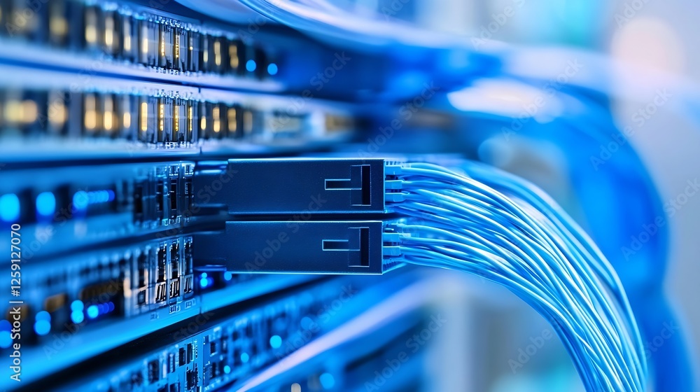 Poster high-tech data center with blue fiber optic cables connected to server equipment : generative ai