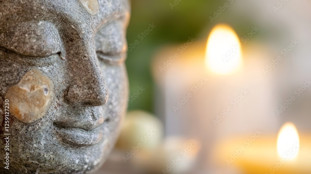 Poster close-up of serene buddha statue surrounded by candles and calm background : generative ai