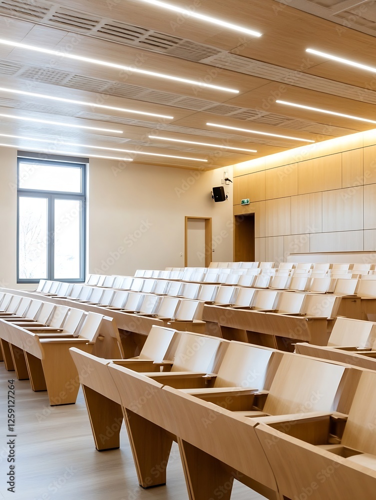 Aufkleber modern empty lecture hall with stylish wooden seats and bright lighting : generative ai