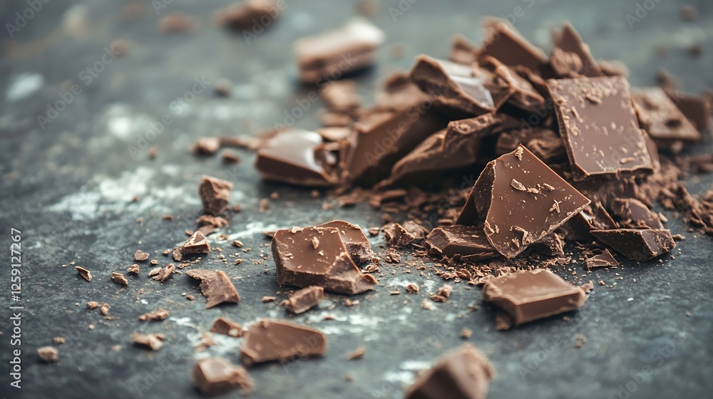 Aufkleber artistic arrangement of broken chocolate pieces scattered on dark textured surface : generative ai