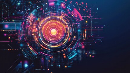 Obraz premium Abstract futuristic technology background with glowing circular interface and digital elements. (1)