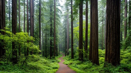 Fototapeta premium Misty Redwood Forest Trail