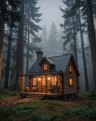 Rustic Wooden Tiny House in Foggy Forest Among Pine Trees