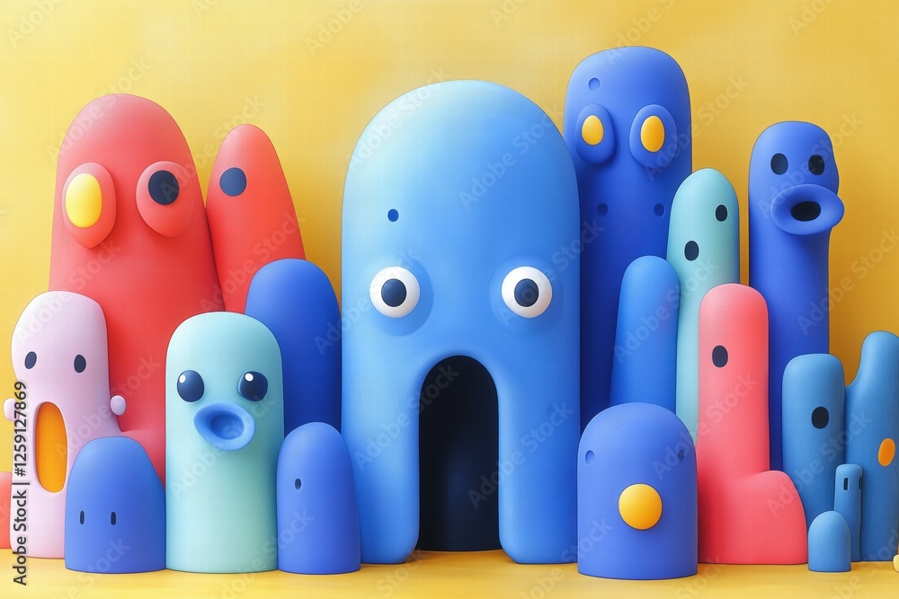 Poster a colorful collection of abstract, cartoonish characters and shapes in various sizes, featuring roun