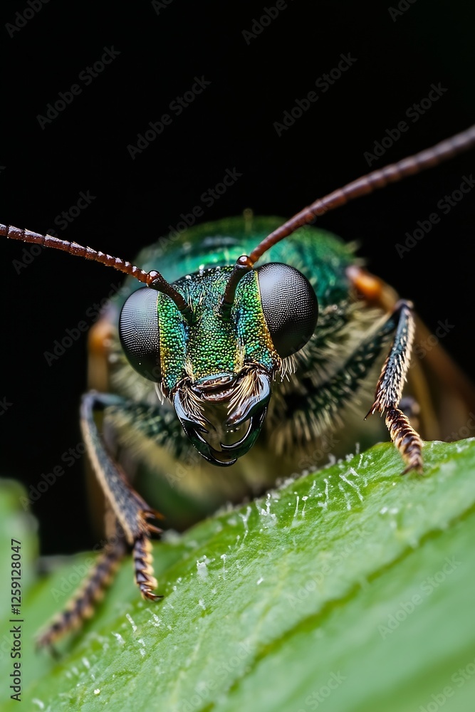 Poster Close-up captured image of a vibrant green insect with striking details on a leaf in dark background : Generative AI