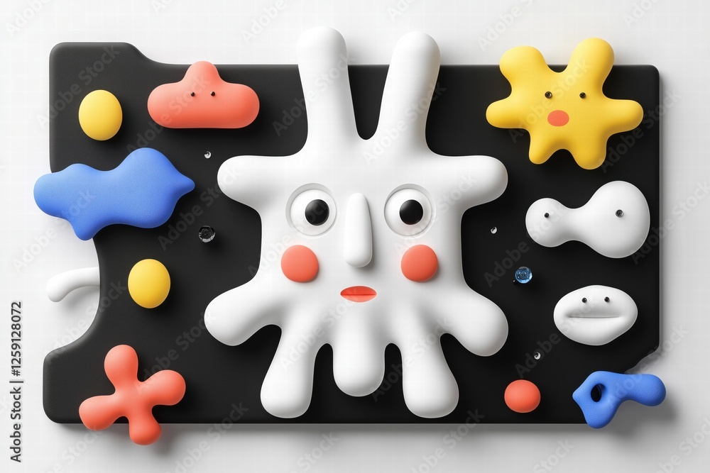 Poster a colorful abstract design featuring various playful shapes and a central figure with a surprised ex