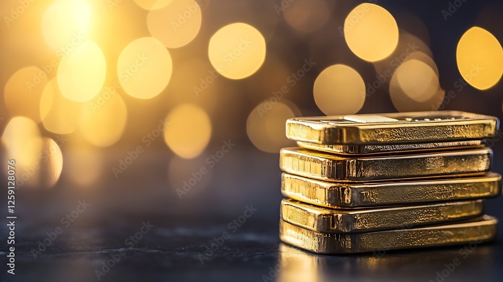 Poster shiny gold bars stacked on dark surface with bokeh background for wealth and investment themes : gen