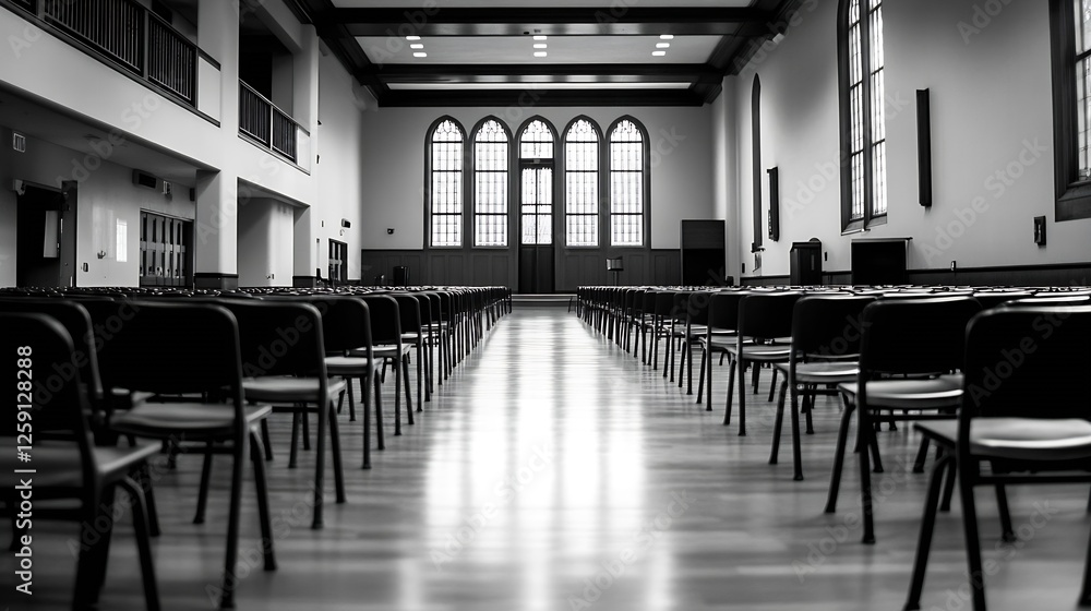 Aufkleber Spacious and Elegant Empty Hall with Rows of Chairs Ready for an Event in a Brick Building : Generative AI