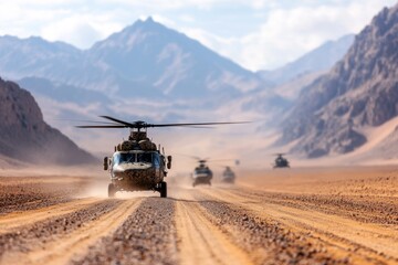 Fototapeta premium A desert military compound with camouflaged tents, trucks, and helicopters