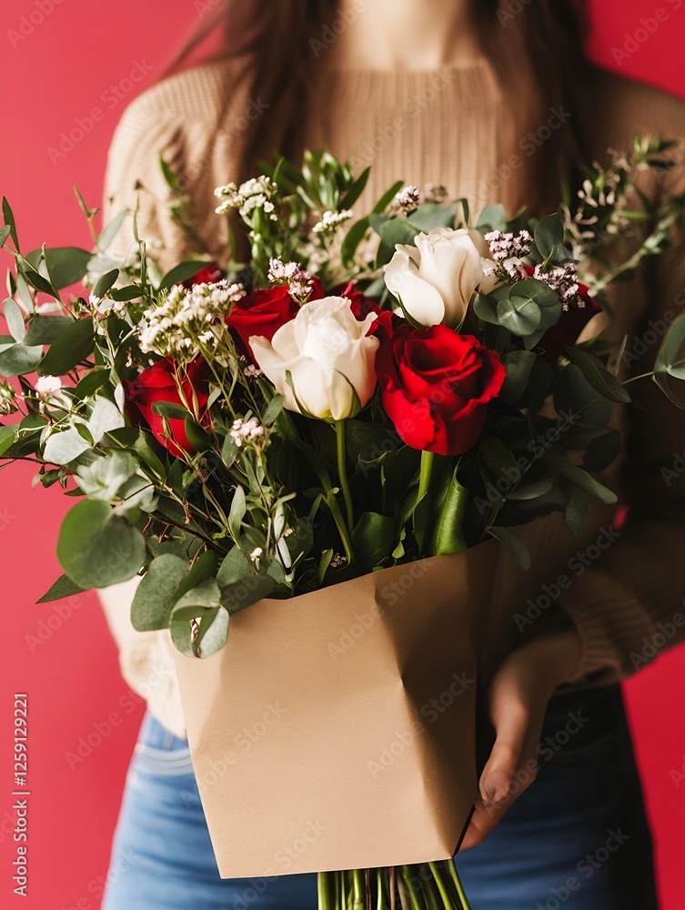 Poster beautiful bouquet of red and white roses arranged elegantly in a brown paper wrapper against a bold 