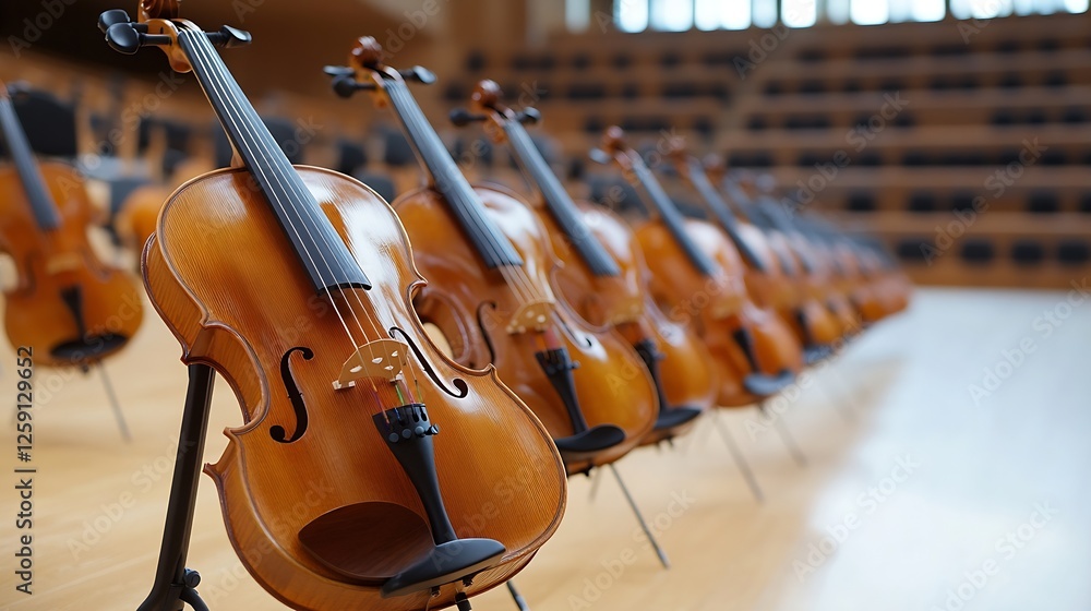 Poster Close up view of beautifully arranged violins in an empty concert hall showcasing craftsmanship : Generative AI